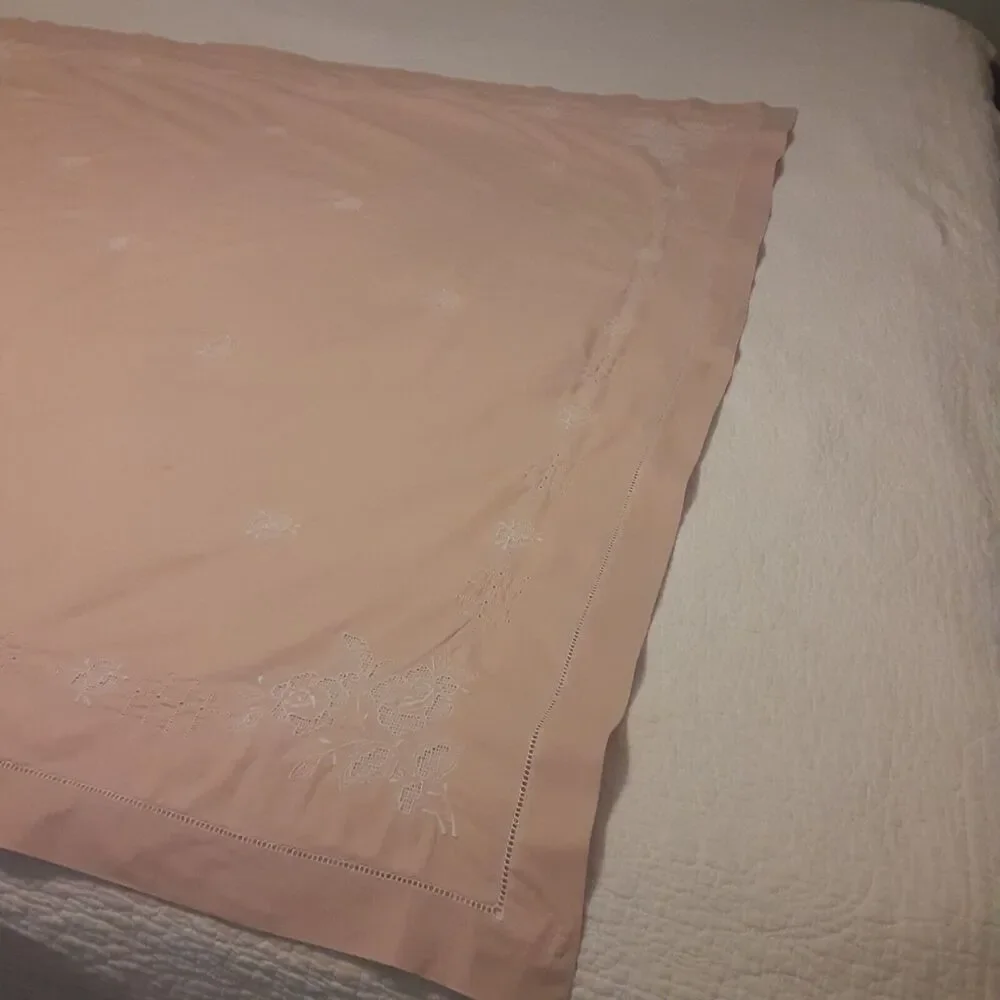 Vintage Tablecloth & Napkin Set Ladder Hemstitch & Floral Palest Pink Romantic